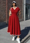 Kadın Kısa Kollu V Yakalı Pileli Uzun Janjan Krep Elbise
