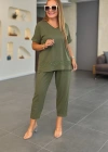 Kadın Kısa Kollu V Yakalı Pul Payetli Viskon Iki Iplik Bluz Ve Pantolon Ikili Takım