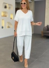 Kadın Kısa Kollu V Yakalı Pul Payetli Viskon Iki Iplik Bluz Ve Pantolon Ikili Takım
