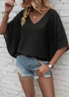 Kadın Kısa Kollu V Yakalı Salaş Viskon Bluz