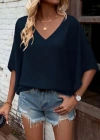 Kadın Kısa Kollu V Yakalı Salaş Viskon Bluz
