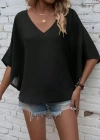 Kadın Kısa Kollu V Yakalı Salaş Viskon Bluz