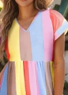 Kadın Kısa Kollu V Yakalı şerit Desenli Süprem Elbise