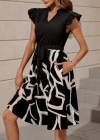 Kadın Kısa Kollu V Yakalı üst Janjan Krep Alt Desenli Süprem Mini Elbise