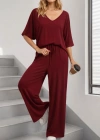 Kadın Kısa Kollu V Yakalı Viskon Bluz Ve Pantolon Ikili Takım