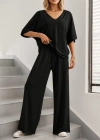 Kadın Kısa Kollu V Yakalı Viskon Bluz Ve Pantolon Ikili Takım