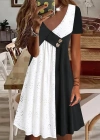 Kadın Kısa Kollu V Yakalı Zıt Renkli Brode Artı Viskon Elbise