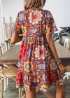 Kadın Kısa Kollu Yakadan Bağcıklı Desenli Fırfırlı Süprem Elbise