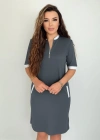 Kadın Kısa Kollu Yakadan Fermuarlı Cepli Yandan Yırtmaçlı Viskon Elbise