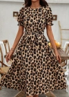 Kadın Kısa Kollu Yakalı Belden Kuşaklı Leopar Desenli Midi Süprem Elbise