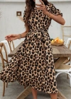 Kadın Kısa Kollu Yakalı Belden Kuşaklı Leopar Desenli Midi Süprem Elbise