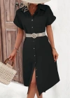 Kadın Kısa Kollu Yakalı Düğme Detay Midi Dokuma Elbise