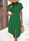 Kadın Kısa Kollu Yakalı Düğme Detay Midi Dokuma Elbise