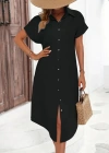 Kadın Kısa Kollu Yakalı Düğme Detay Midi Dokuma Elbise