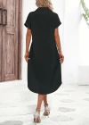 Kadın Kısa Kollu Yakalı Düğme Detay Midi Dokuma Elbise