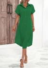 Kadın Kısa Kollu Yakalı Düğme Detay Midi Dokuma Elbise