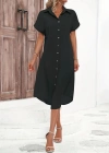 Kadın Kısa Kollu Yakalı Düğme Detay Midi Dokuma Elbise
