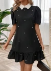 Kadın Kısa Kollu Yakalı Inci Detaylı Kısa Ithal Krep Elbise