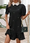 Kadın Kısa Kollu Yakalı Inci Detaylı Kısa Ithal Krep Elbise