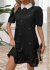 Kadın Kısa Kollu Yakalı Inci Detaylı Kısa Ithal Krep Elbise