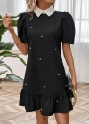 Kadın Kısa Kollu Yakalı Inci Detaylı Kısa Ithal Krep Elbise