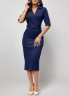 Kadın Kısa Kollu Yakalı Kruvaze Yakalı Beli Kemerli Midi Modal Elbise