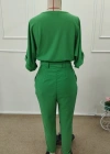Kadın Kısa Kollu Yakalı önden Düğmeli Bürümcük Bluz Ve Pantolon Ikili Takım
