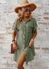 Kadın Kısa Kollu Yakalı önden Düğmeli Bürümcük Kısa Elbise