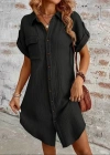 Kadın Kısa Kollu Yakalı önden Düğmeli Bürümcük Kısa Elbise