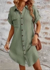 Kadın Kısa Kollu Yakalı önden Düğmeli Bürümcük Kısa Elbise