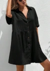 Kadın Kısa Kollu Yakalı önden Düğmeli Kısa Bürümcük Elbise