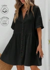 Kadın Kısa Kollu Yakalı önden Düğmeli Kısa Bürümcük Elbise