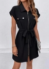 Kadın Kısa Kollu Yakalı önden Fermuarlı Cepli Belden Kuşaklı Kısa Ithal Krep Elbise