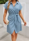 Kadın Kısa Kollu Yakalı Yandan Bağlamalı Dokuma Elbise