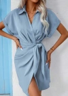 Kadın Kısa Kollu Yakalı Yandan Bağlamalı Dokuma Elbise