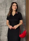 Kadın Kısa Kollu Yakalı Yırtmaçlı Midi Viskon Iki Iplik Elbise