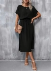 Kadın Kısa Kollu Yakası Açık Belden Bağlamalı Yırtmaçlı Viskon Elbise