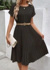 Kadın Kısa Kollu Yakası Açık Belden Lastikli Pileli Kısa Ithal Krep Elbise