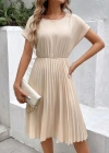Kadın Kısa Kollu Yakası Açık Belden Lastikli Pileli Kısa Ithal Krep Elbise