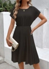 Kadın Kısa Kollu Yakası Açık Belden Lastikli Pileli Kısa Ithal Krep Elbise