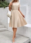 Kadın Kısa Kollu Yakası Açık Belden Lastikli Pileli Kısa Ithal Krep Elbise