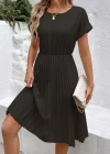 Kadın Kısa Kollu Yakası Açık Belden Lastikli Pileli Kısa Ithal Krep Elbise