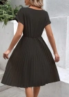 Kadın Kısa Kollu Yakası Açık Belden Lastikli Pileli Kısa Ithal Krep Elbise