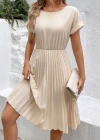 Kadın Kısa Kollu Yakası Açık Belden Lastikli Pileli Kısa Ithal Krep Elbise