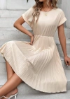 Kadın Kısa Kollu Yakası Açık Belden Lastikli Pileli Kısa Ithal Krep Elbise