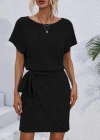 Kadın Kısa Kollu Yakası Açık Belden Lastikli Yandan Bağlamalı Kalın Fitilli Kaşkorse Elbise