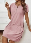 Kadın Kısa Kollu Yakası Açık Fermuarlı Cep Detaylı Ithal Keten Elbise