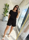 Kadın Kısa Kollu Yakası Açık Modal Bluz Ve Bağcıklı Kısa şort Ikili Takım