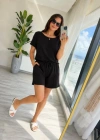 Kadın Kısa Kollu Yakası Açık Modal Bluz Ve Bağcıklı Kısa şort Ikili Takım