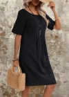 Kadın Kısa Kollu Yakası Açık önden Büzgülü Cep Detaylı Viskon Iki Iplik Elbise